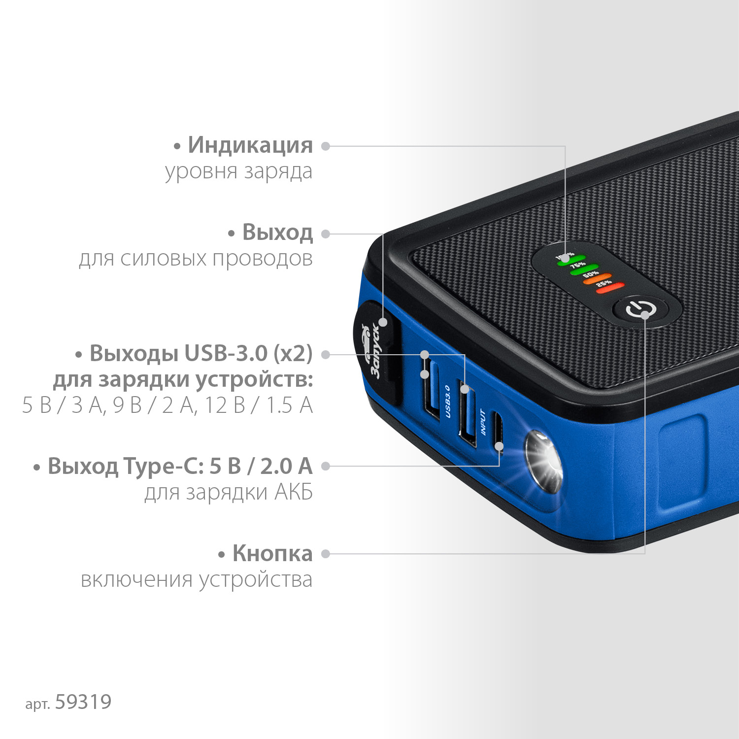 Аккумуляторное пусковое устройство  АПУ-800 ПРОФИ 59319