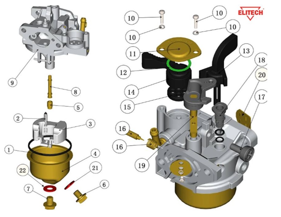 ЗАПЧАСТИ ДЛЯ МОТОПОМПЫ БЕНЗИНОВОЙ ELITECH МБ 210 Д 40 (КАРБЮРАТОР)