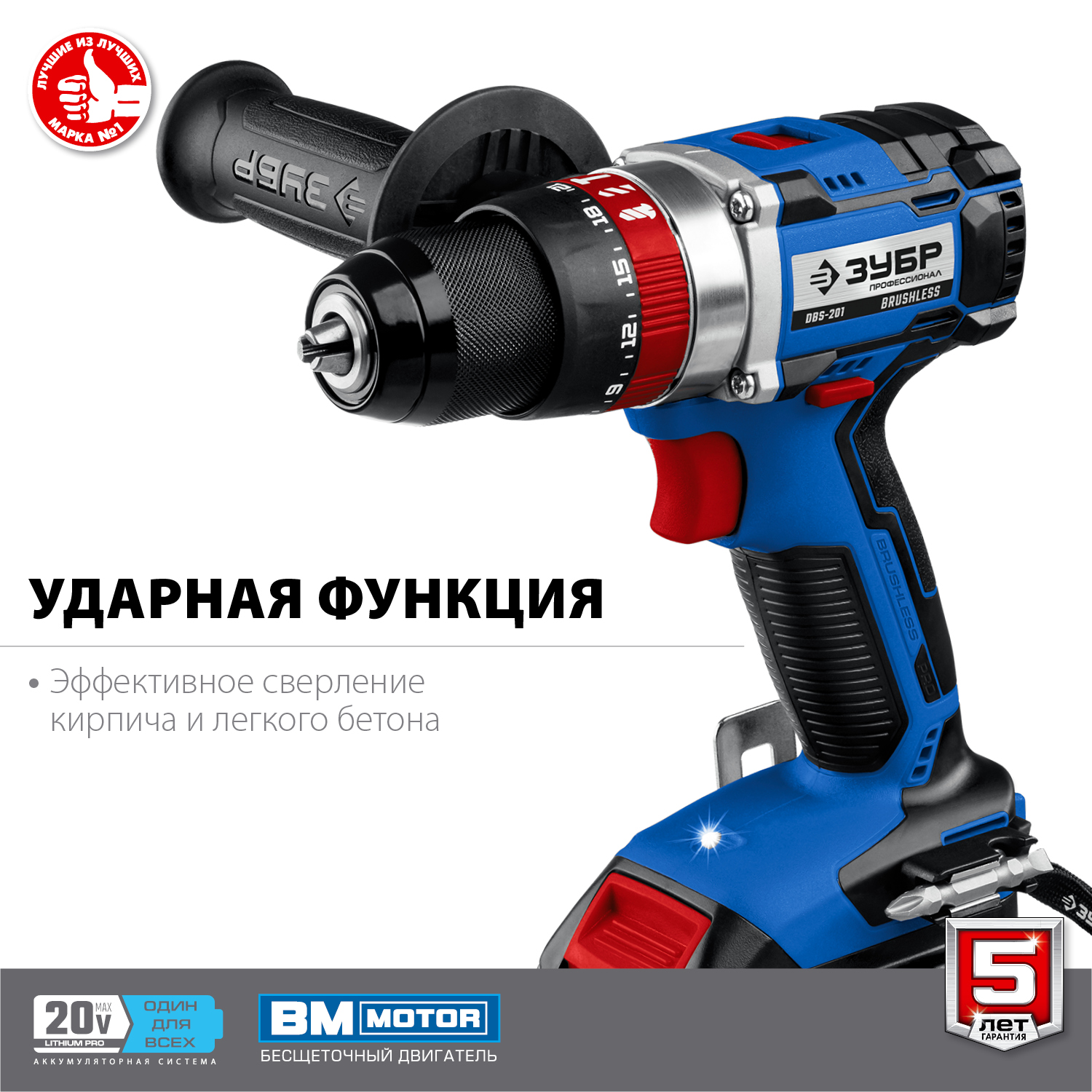 Бесщеточная дрель-шуруповерт ударная, 2 АКБ (2 Ач), в кейсе DBS-201-22